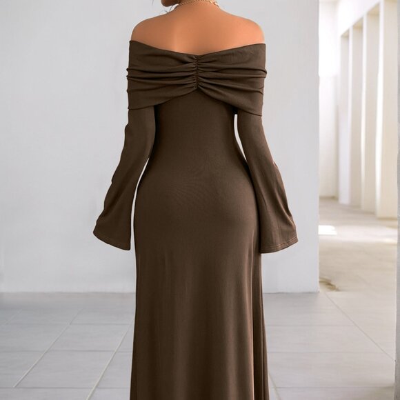 Off-Shoulder Long Sleeve Bodycon Maxi Dress | Formal Solid Dress - Picture 7 of 12
